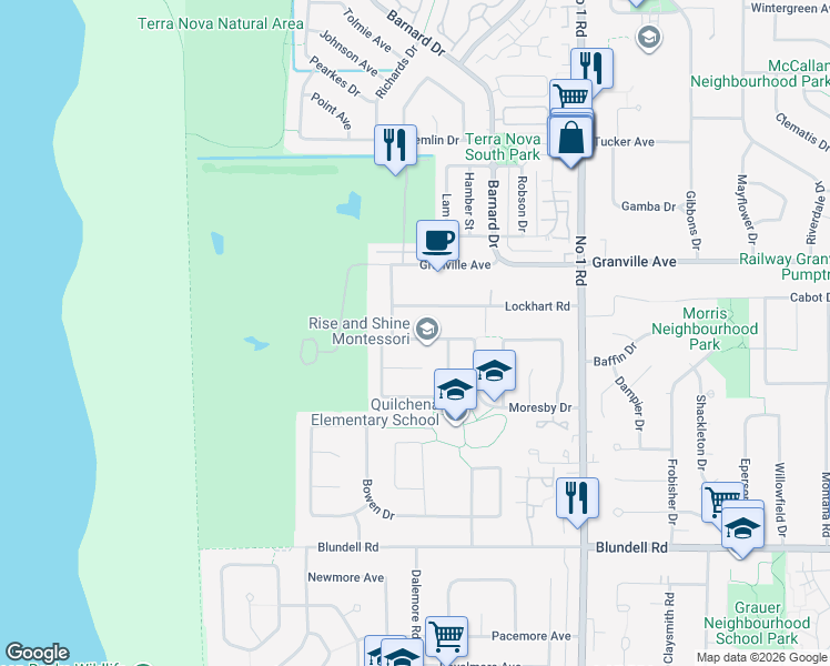 map of restaurants, bars, coffee shops, grocery stores, and more near 3371 Moresby Drive in Richmond