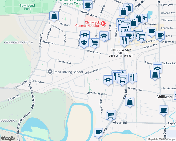 map of restaurants, bars, coffee shops, grocery stores, and more near 45507 McIntosh Drive in Chilliwack