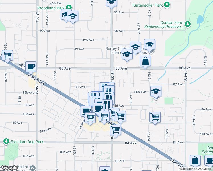 map of restaurants, bars, coffee shops, grocery stores, and more near 8717 160 Street in Surrey