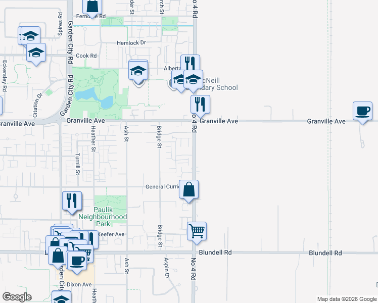 map of restaurants, bars, coffee shops, grocery stores, and more near 7200 Number 4 Road in Richmond