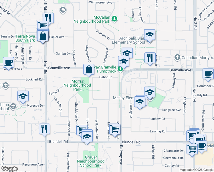 map of restaurants, bars, coffee shops, grocery stores, and more near 7151 Montana Road in Richmond