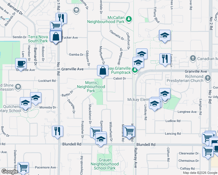 map of restaurants, bars, coffee shops, grocery stores, and more near 7160 Parry Street in Richmond
