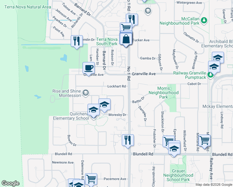 map of restaurants, bars, coffee shops, grocery stores, and more near 7611 Thormanby Crescent in Richmond