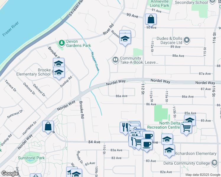 map of restaurants, bars, coffee shops, grocery stores, and more near 8680 Shepherd Way in Delta