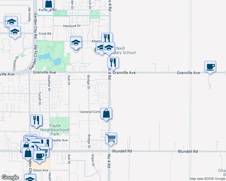 map of restaurants, bars, coffee shops, grocery stores, and more near 7200 Number 4 Road in Richmond