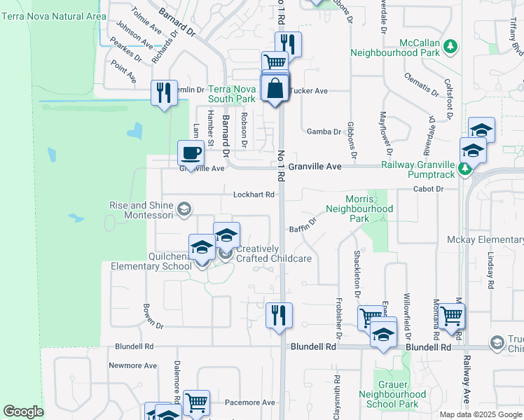 map of restaurants, bars, coffee shops, grocery stores, and more near 7651 Thormanby Crescent in Richmond
