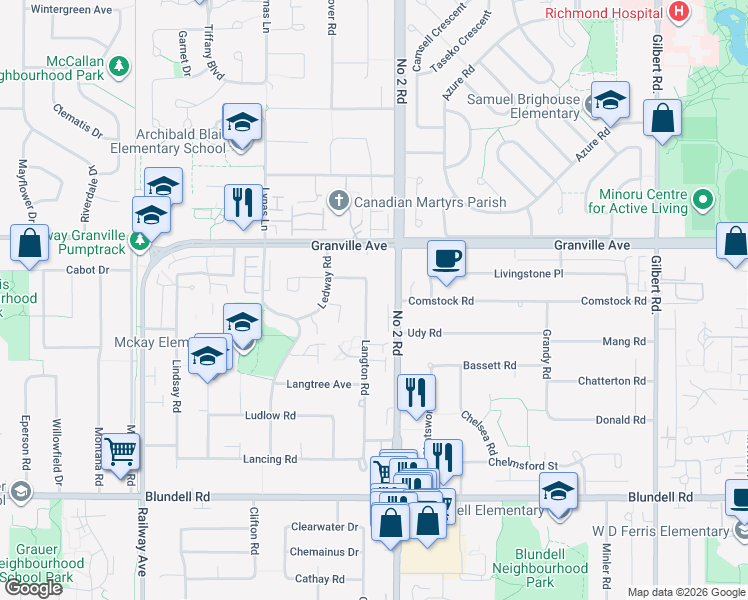 map of restaurants, bars, coffee shops, grocery stores, and more near 7120 Langton Road in Richmond
