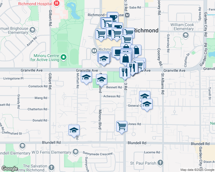 map of restaurants, bars, coffee shops, grocery stores, and more near 7831 Bennett Road in Richmond