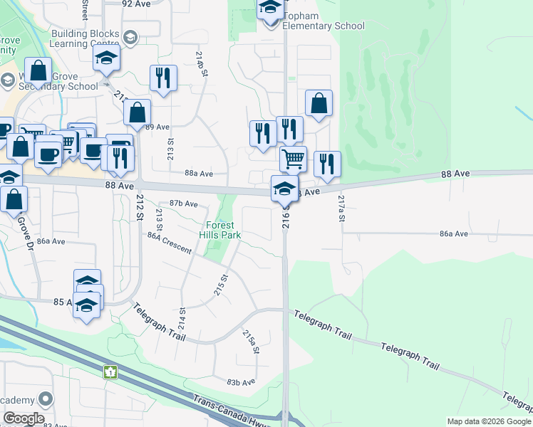 map of restaurants, bars, coffee shops, grocery stores, and more near 8769 215B Street in Langley City
