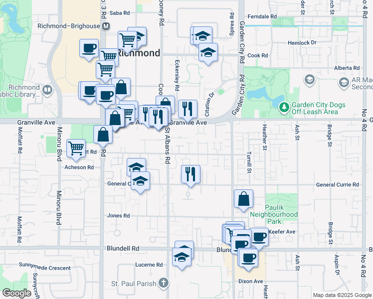 map of restaurants, bars, coffee shops, grocery stores, and more near 8531 Bennett Road in Richmond