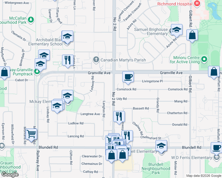 map of restaurants, bars, coffee shops, grocery stores, and more near 7151 Number 2 Road in Richmond