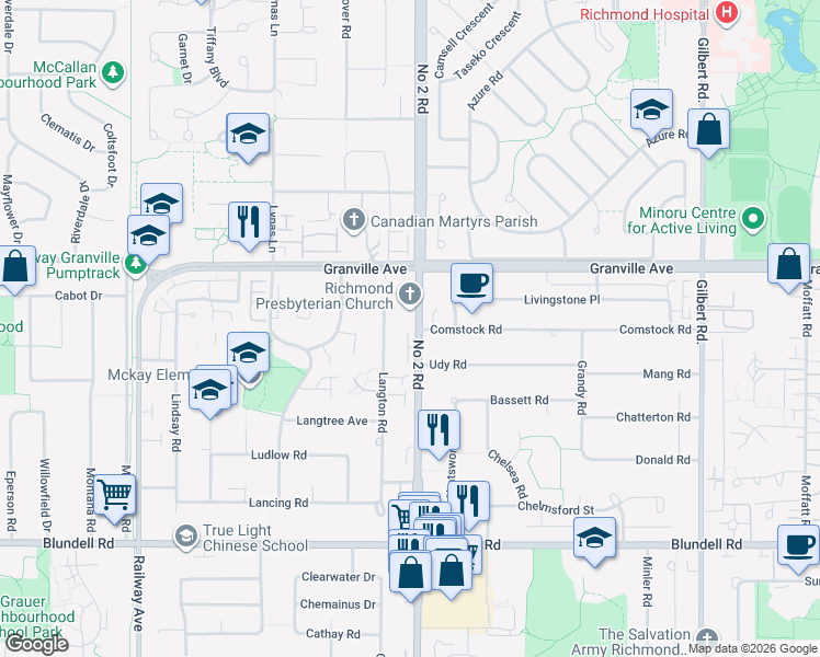 map of restaurants, bars, coffee shops, grocery stores, and more near 7151 Number 2 Road in Richmond