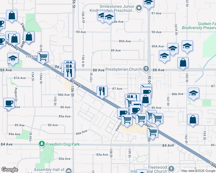 map of restaurants, bars, coffee shops, grocery stores, and more near 18 158 Street in Surrey