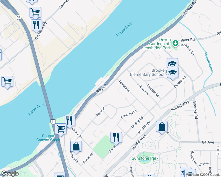 map of restaurants, bars, coffee shops, grocery stores, and more near 10446 River Road in Delta