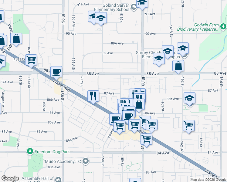 map of restaurants, bars, coffee shops, grocery stores, and more near 8717 159 Street in Surrey