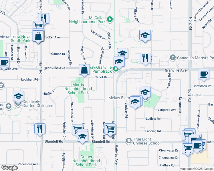 map of restaurants, bars, coffee shops, grocery stores, and more near 7160 Montana Road in Richmond