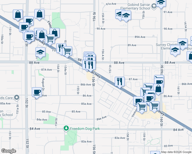map of restaurants, bars, coffee shops, grocery stores, and more near 8670 156 Street in Surrey