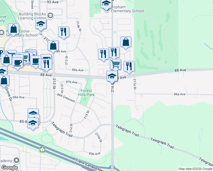 map of restaurants, bars, coffee shops, grocery stores, and more near 8769 215B Street in Langley