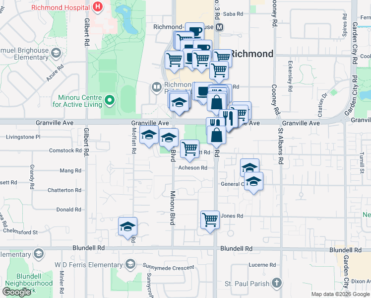 map of restaurants, bars, coffee shops, grocery stores, and more near 7633 Acheson Road in Richmond