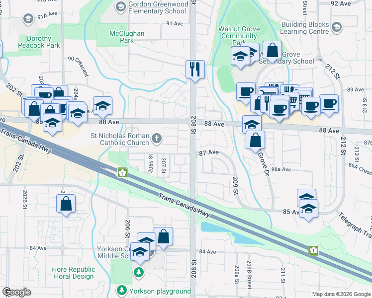 map of restaurants, bars, coffee shops, grocery stores, and more near 20751 87 Avenue in Langley Township