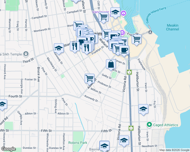 map of restaurants, bars, coffee shops, grocery stores, and more near 566 Albert Street in Nanaimo