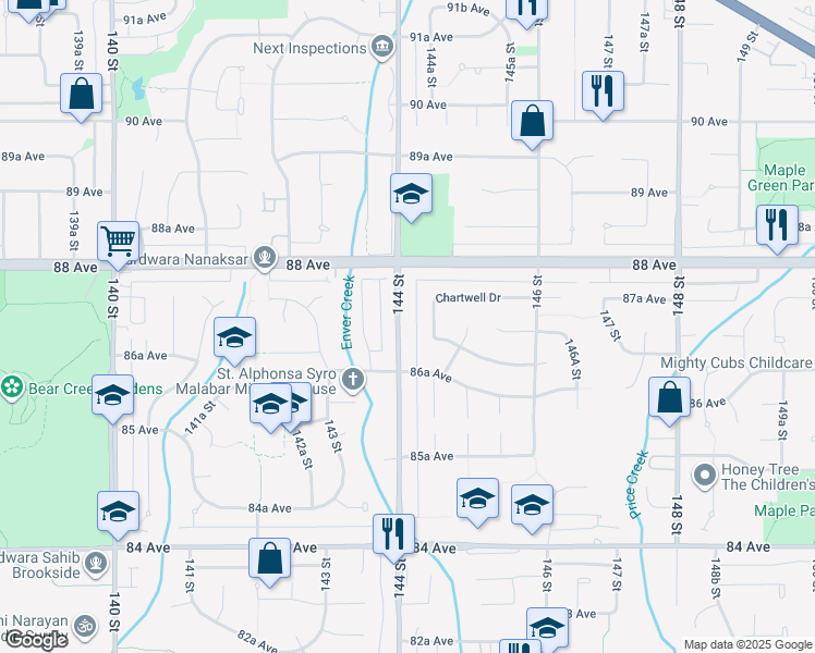 map of restaurants, bars, coffee shops, grocery stores, and more near 8710 144 Street in Surrey