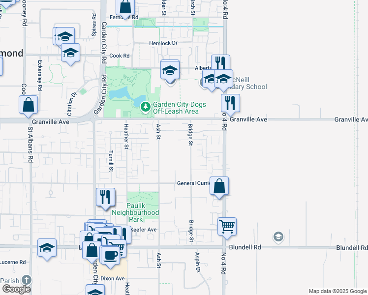 map of restaurants, bars, coffee shops, grocery stores, and more near 7151 Bridge Street in Richmond