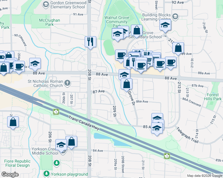 map of restaurants, bars, coffee shops, grocery stores, and more near 20881 87 Avenue in Langley Township