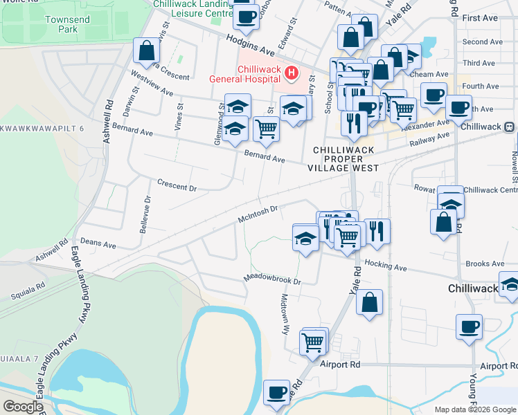 map of restaurants, bars, coffee shops, grocery stores, and more near 45533 McIntosh Drive in Chilliwack