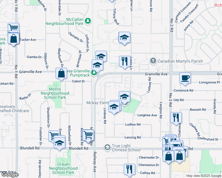map of restaurants, bars, coffee shops, grocery stores, and more near 7060 Lindsay Road in Richmond