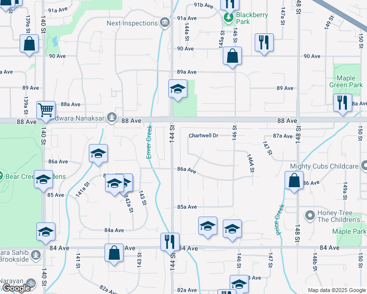 map of restaurants, bars, coffee shops, grocery stores, and more near 14437 Chartwell Drive in Surrey