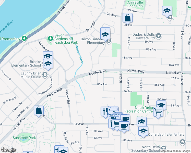 map of restaurants, bars, coffee shops, grocery stores, and more near 8689 110A Street in Delta