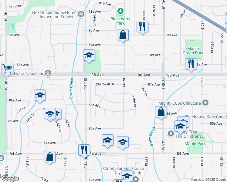 map of restaurants, bars, coffee shops, grocery stores, and more near 14539 Kingston Place in Surrey
