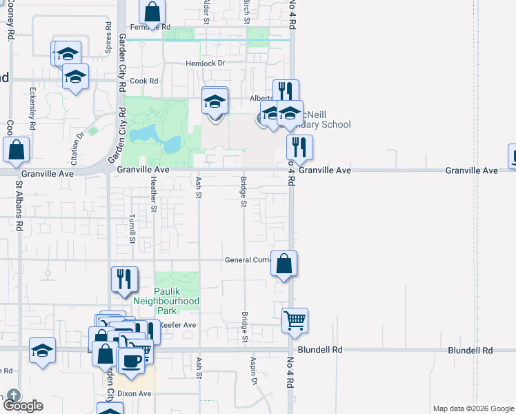 map of restaurants, bars, coffee shops, grocery stores, and more near 7191 Lechow Street in Richmond