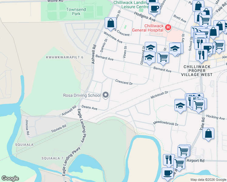 map of restaurants, bars, coffee shops, grocery stores, and more near 8762 Bellevue Drive in Chilliwack