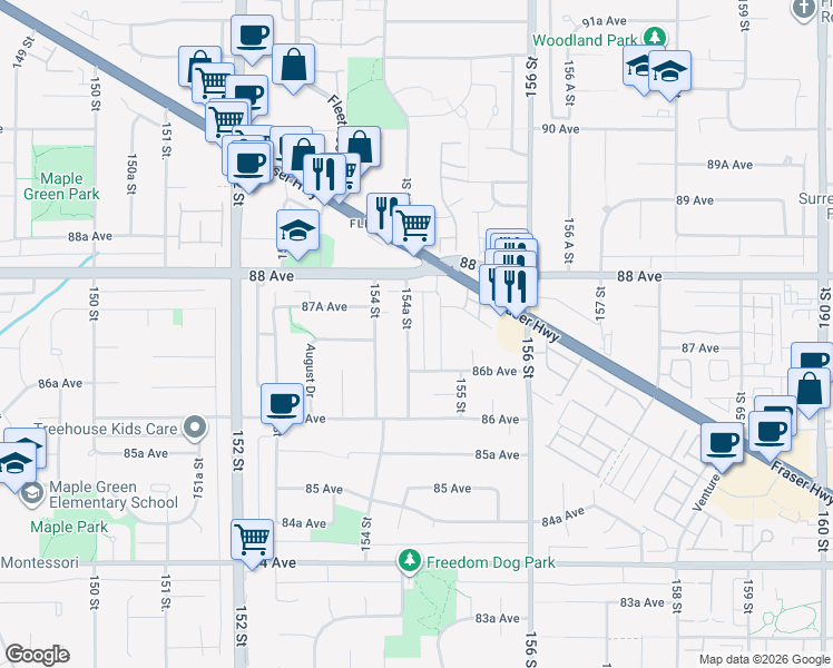 map of restaurants, bars, coffee shops, grocery stores, and more near 8722 154A Street in Surrey