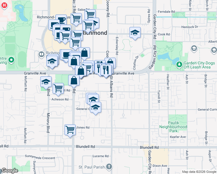 map of restaurants, bars, coffee shops, grocery stores, and more near 8391 Bennett Road in Richmond