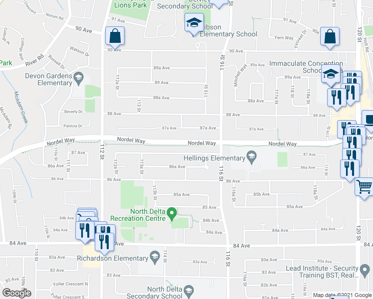 map of restaurants, bars, coffee shops, grocery stores, and more near 11467 87 Avenue in Delta