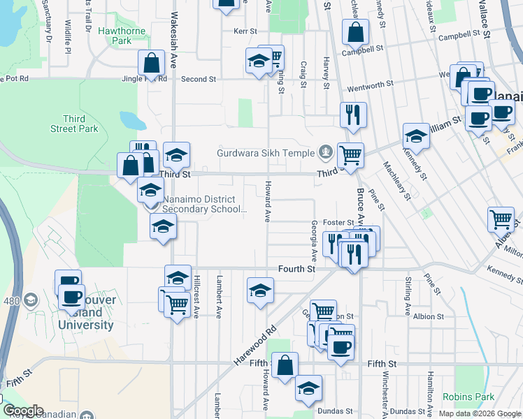 map of restaurants, bars, coffee shops, grocery stores, and more near 349 Howard Avenue in Nanaimo