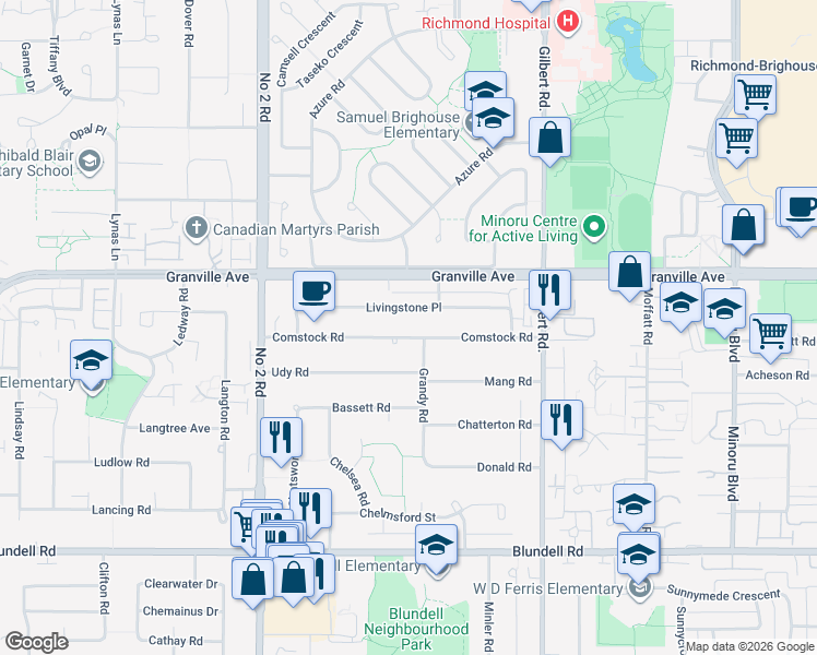 map of restaurants, bars, coffee shops, grocery stores, and more near 6440 Comstock Road in Richmond