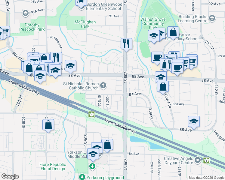 map of restaurants, bars, coffee shops, grocery stores, and more near in Langley Township