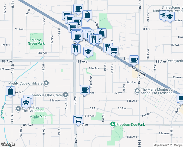 map of restaurants, bars, coffee shops, grocery stores, and more near 8717 August Drive in Surrey