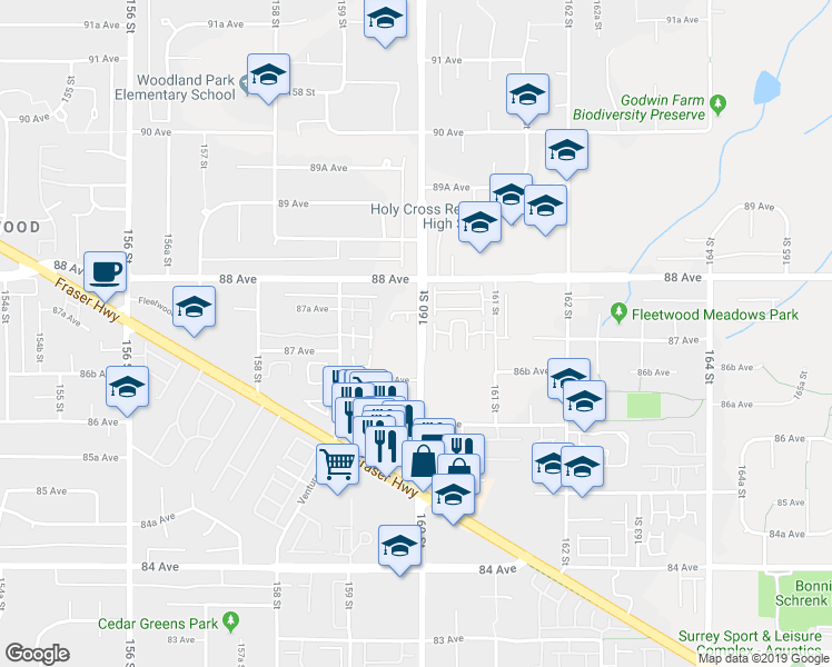 map of restaurants, bars, coffee shops, grocery stores, and more near in Surrey