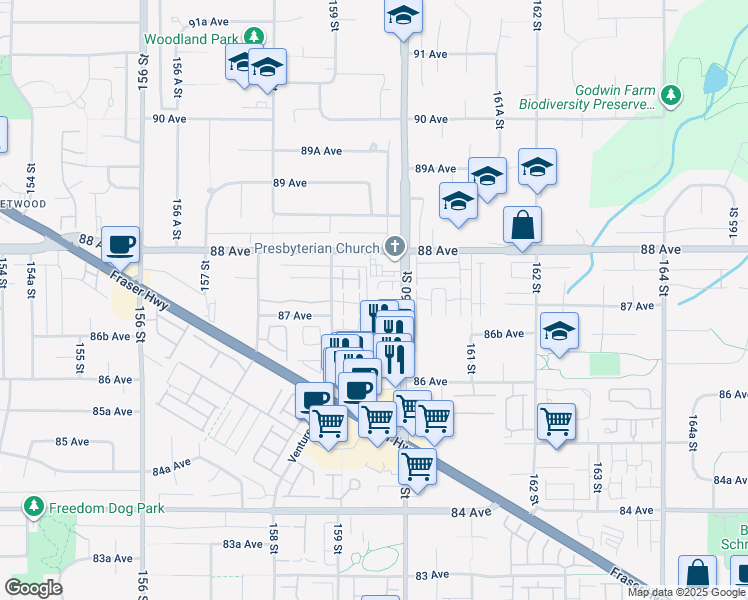 map of restaurants, bars, coffee shops, grocery stores, and more near in Surrey