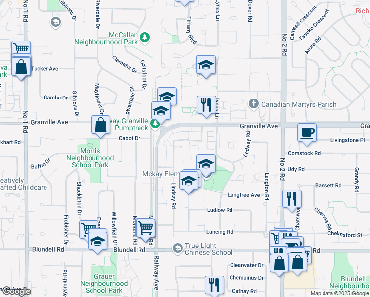 map of restaurants, bars, coffee shops, grocery stores, and more near 7180 Lindsay Road in Richmond