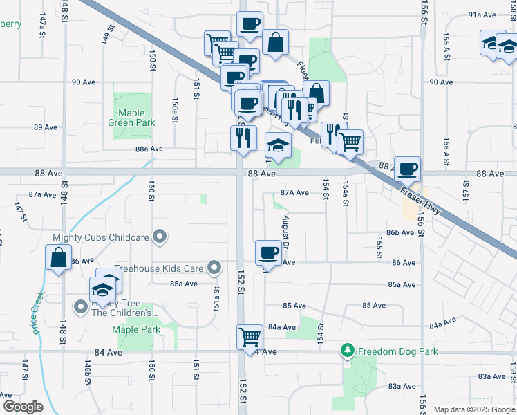 map of restaurants, bars, coffee shops, grocery stores, and more near 8721 152A Street in Surrey