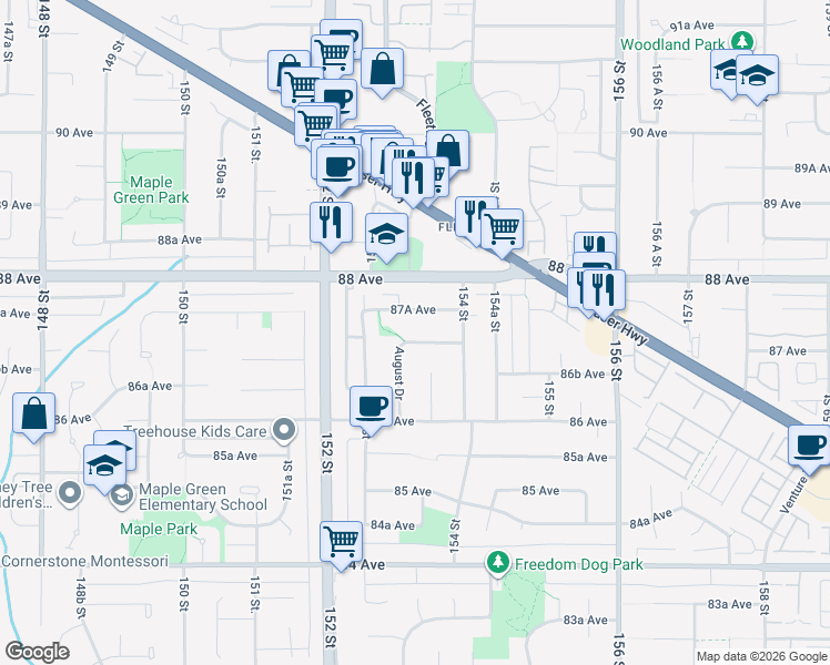 map of restaurants, bars, coffee shops, grocery stores, and more near 8721 August Drive in Surrey