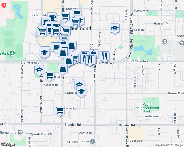 map of restaurants, bars, coffee shops, grocery stores, and more near 8391 Bennett Road in Richmond