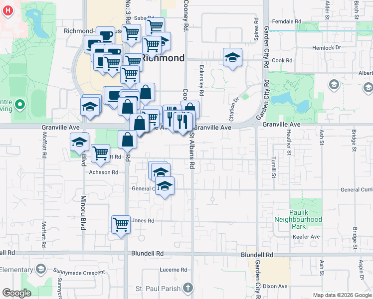 map of restaurants, bars, coffee shops, grocery stores, and more near 8391 Bennett Road in Richmond