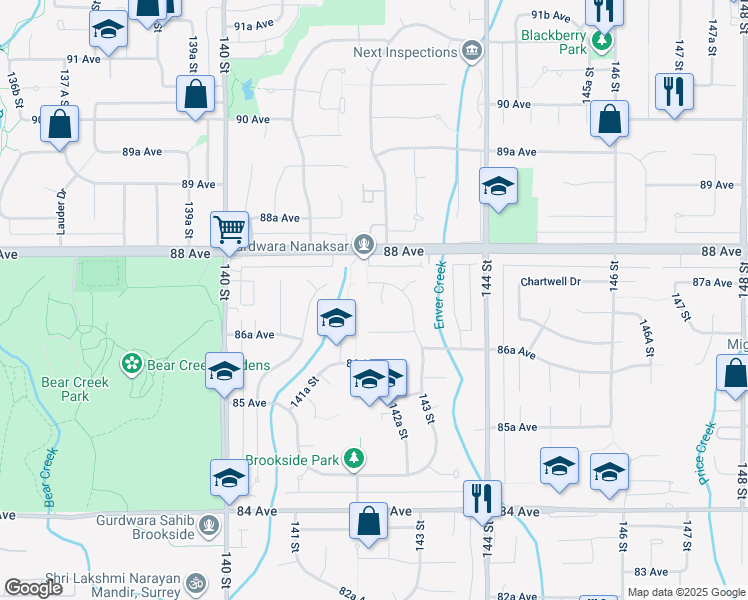map of restaurants, bars, coffee shops, grocery stores, and more near 8727 142A Street in Surrey